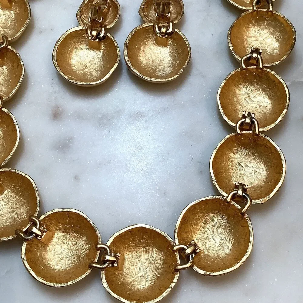 Vintage Anne Klein Necklace Earrings Set Chunky Bib Brushed Gold Collar Signed